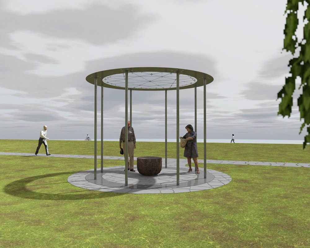 Visualiseringsbild av konstverket för veteraner. Verket är placerat på en stor grönyta nära älven i Färjenäsparken.