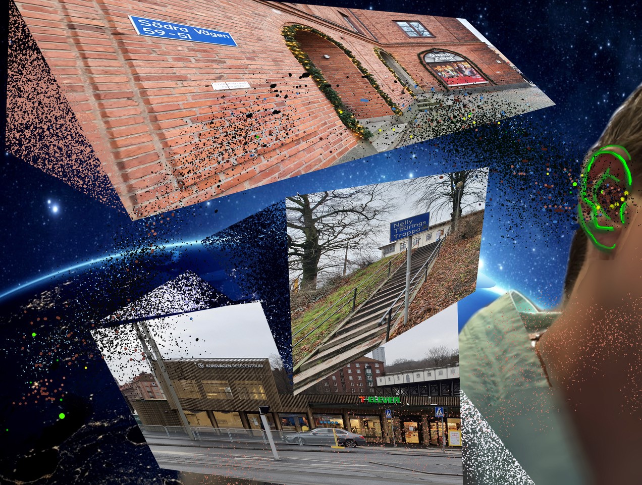 Ett kollage där vi ser Korsvägens stationsbyggnad och en park flimra förbi med rymden som bakgrund