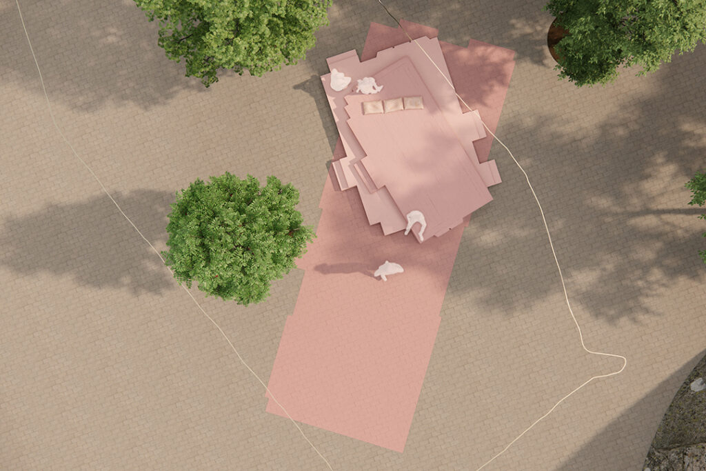 Hbtqi+monumentet ovanifrån. Tre lager av rum i rosa material syns ovanpå varandra. Högst upp ligger tre kuddar i marmor. Runtom rummen syns tre trädkronor. Det löper en lång linje i mässig i marken som ramar in platsen.