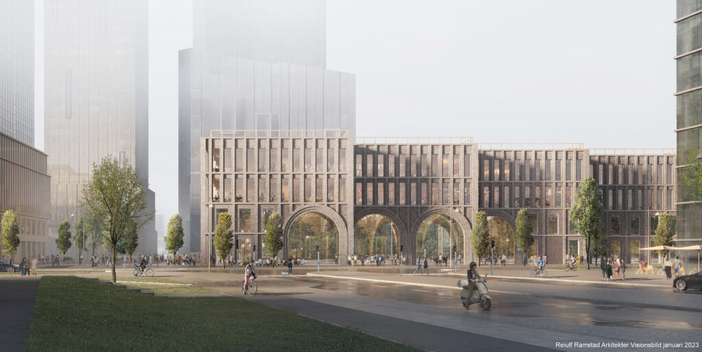 Stationshuset har en klassisk gestaltning med fasad i tegel och flera stora valvformade entréer.