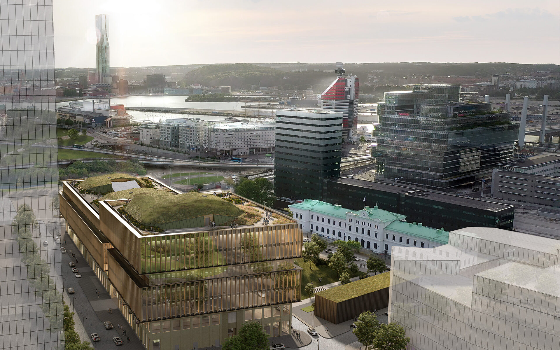 Här syns många byggnader breda ut sig, bland annat platinan, regionens hus, läppstiftet och det kommande östra stationshuset, som har grönska på taket.