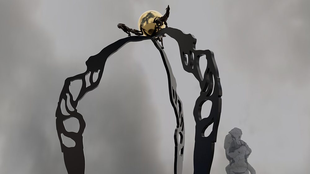 Tre gjutna figurer höjer armarna uppåt och bakåt och möts i mitten, där de håller i en guldboll.