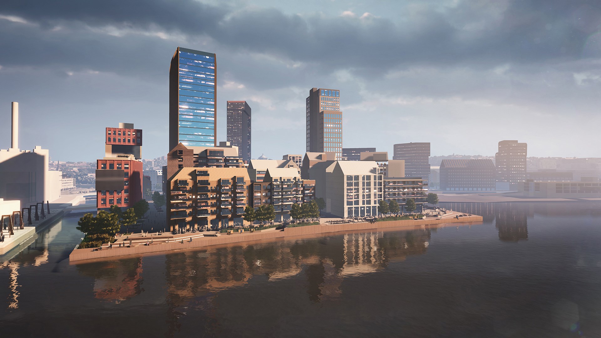 Skyskrapor blandas med lägre bostadshus på en halvö som ligger omgiven av vatten.