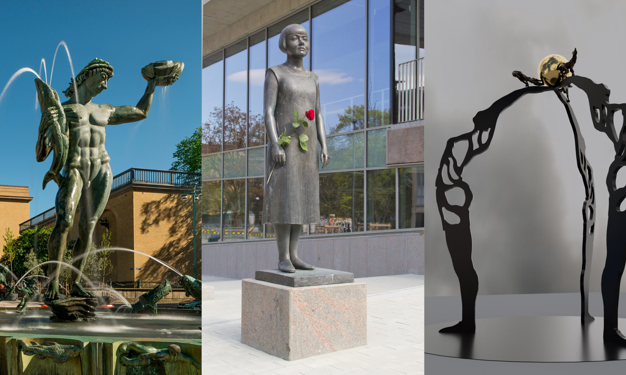 Kollage av statyn Poseidon, staty av Karin Boye och en skiss över ny konst för svensk damfotboll.