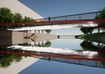 Skissbild för Lap-See Lams förslag "Vi ses på Drömmarnas kaj". Belysning som hänger på undersidan av en gångbro speglas i vattnet under gångbron.