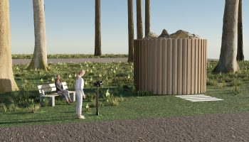 Skiss av Maddie Leachs förslag "Livskraftig". personer står och sitter intill en cylinderformad konstgestaltning som ser ut att vara dubbelt så hög som människorna.