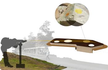 Skiss av Maddie Leachs förslag "Livskraftig". Visualisering av hur man kan se lavarna genom ett teleskop.