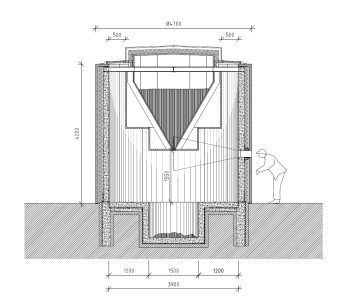 Visualisering av konstgestaltningens konstruktion. Bild: Nina Canell/Jägnefält Milton Ritning på konstgestaltningens uppbyggnad, med en behållare inuti som smalnar av där becket ska droppa ut.