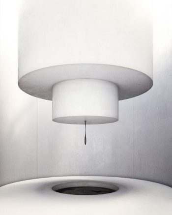 Skiss av beckdroppen som bildas ur betongtratten. Bild: Nina Canell. Visualisering av konstgestaltningens inre där man ser en droppe beck hänga från en betongbehållare.