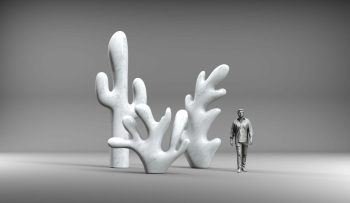 Skissbild för Claudia Comtes förslag "Cactus, Coral and Leaf". Animerad skiss som visar en människa som står bredvid de dubbelt så höga vita skulpturerna av en kaktus, en korall och ett löv.