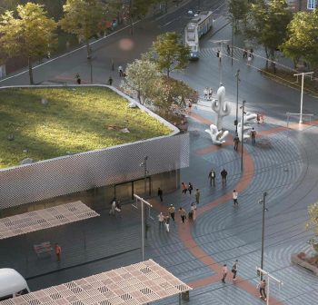 Skissbild för Claudia Comtes förslag "Cactus, Coral and Leaf". Visualisering av hur skulpturerna placeras framför en entré vid Korsvägens nya station.