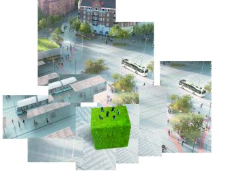 Skiss av Nina Beiers förslag "Bush". Den grönskande kuben syns mitt på Korsvägen. Ur den sticker statyerna upp.