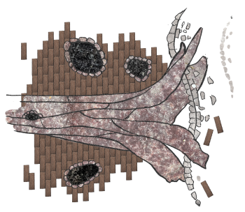 Slipad sten på marktegel, skiss för Meriç Algüns förslag Högvattenhändelser. Slipad sten i form av ett träd