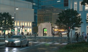 Visualisering av Goldin+Sennebys förslag Anti-Handikapp: Göteborgs sjätte stadsport. Skiss över konstverket Anti-Handikapp Göteborgs sjätte stadsport